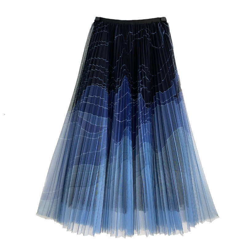 2026 Spring and Summer New Gradient Black and Blue Chiffon Skirt for Women, Medium Length Color blocked Hundred Fold Skirt