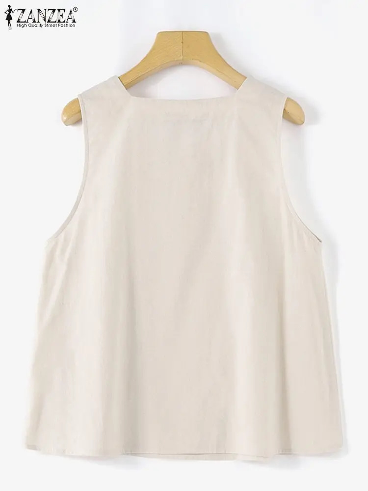 ZANZEA Summer Tanks Tops Women Square Neck Sleeveless Blouse Elegant Cotton Shirt Casual Solid Holiday Beach Blusas Female Tunic 260306