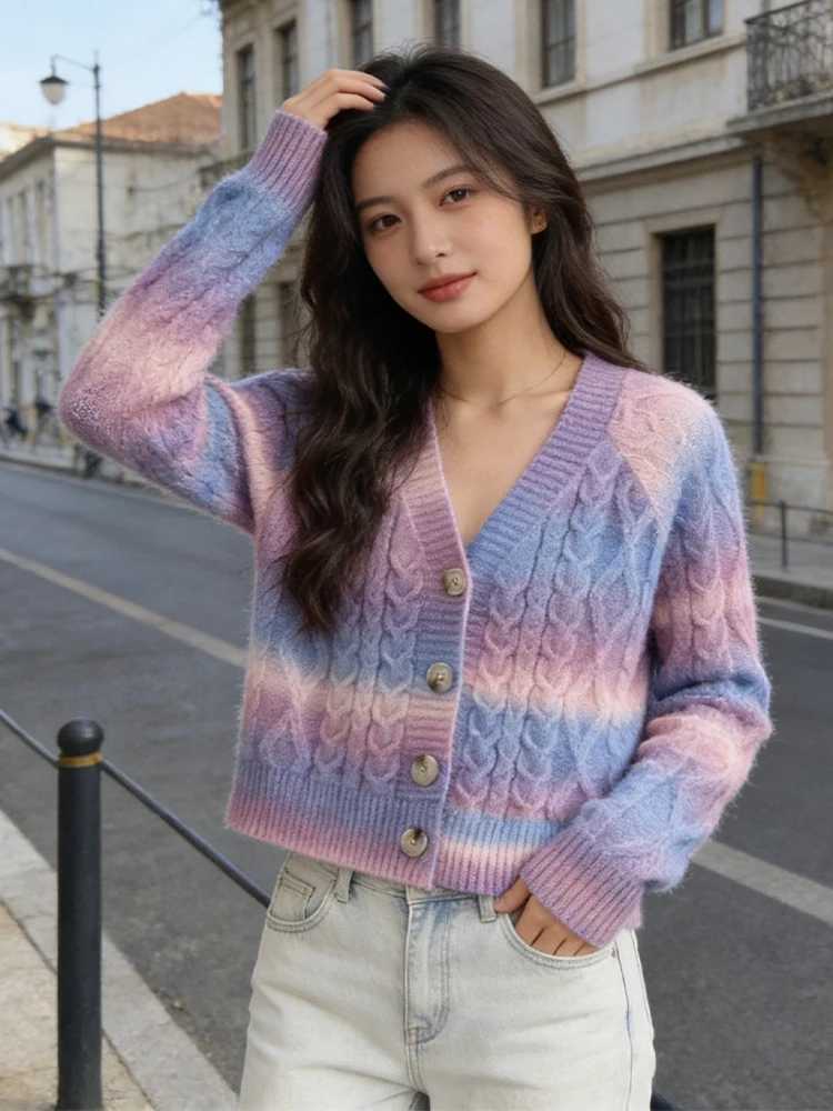 SLTNX Tie-dyed V-neck Short Cardigan in Autumn and Winter Women Long-sleeved Gradient Sweater Coat Korean Fashion Button Sweater M260306