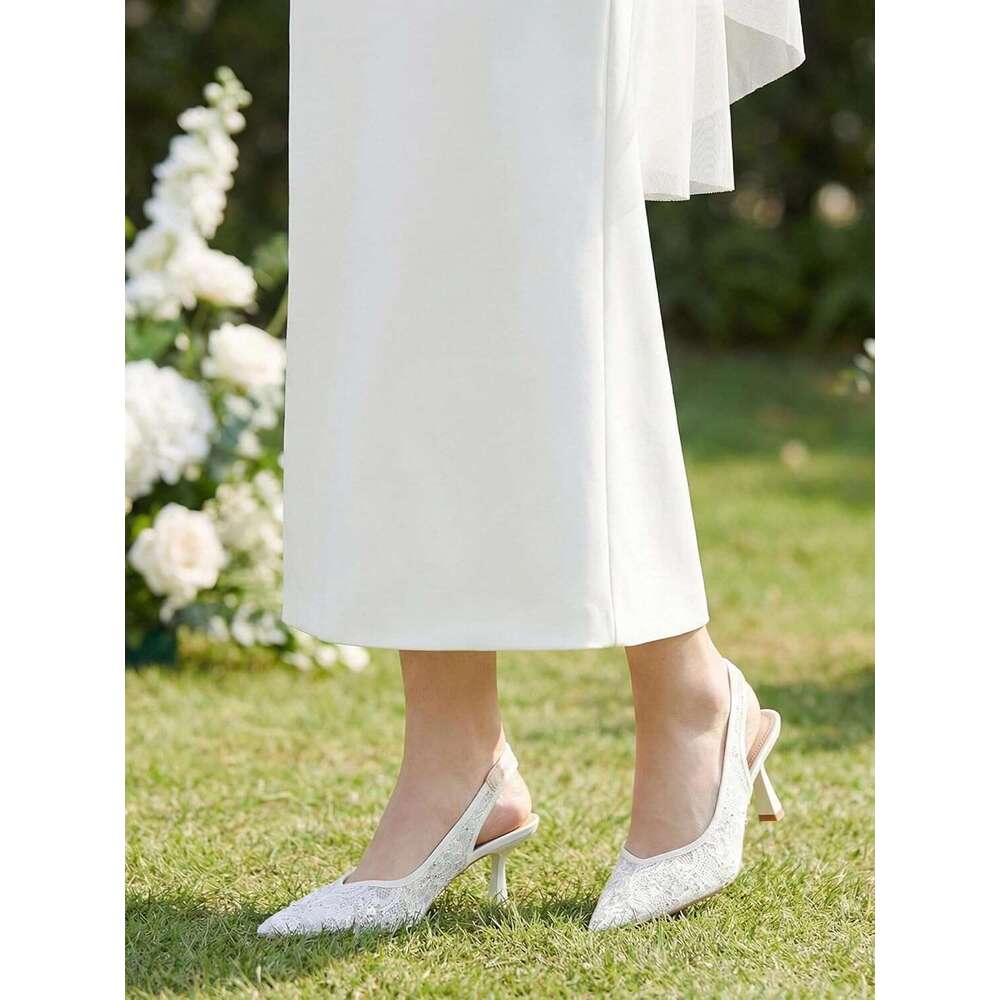 Slingback Wedding Heels For Women Bridal Lace Mesh Kitten Heel Closed Pointed Toe Pearl Pumps Shoes