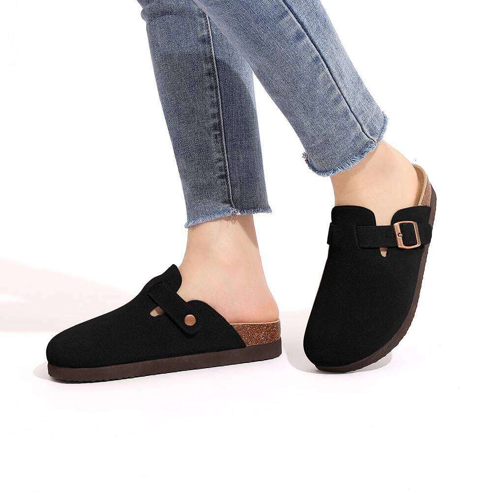 LItfun Fashion Comfy Leather Cozy Cork Mules Soft Insole Clogs Sandals With Adjustable Buckle