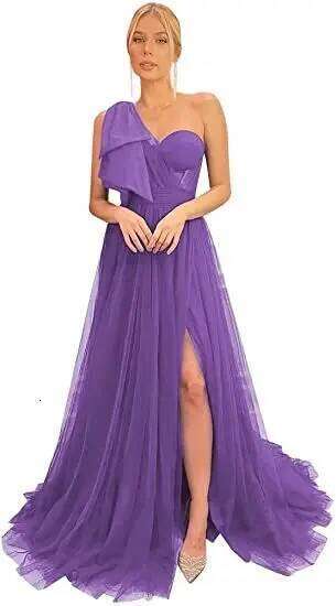 Prom A Line Tulle Fuschia One Shoulder Bones Slit Floor Length Women Evening Long Formal Occasion Dress Customized