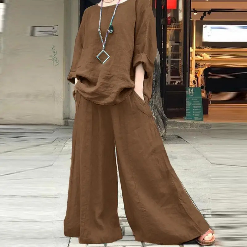 Casual Cotton Linen Set Womens O Neck Long Sleeve Blouses Wide Leg Pants Culottes 2piece Sets Autumn Retro Loose Female Suit 260305