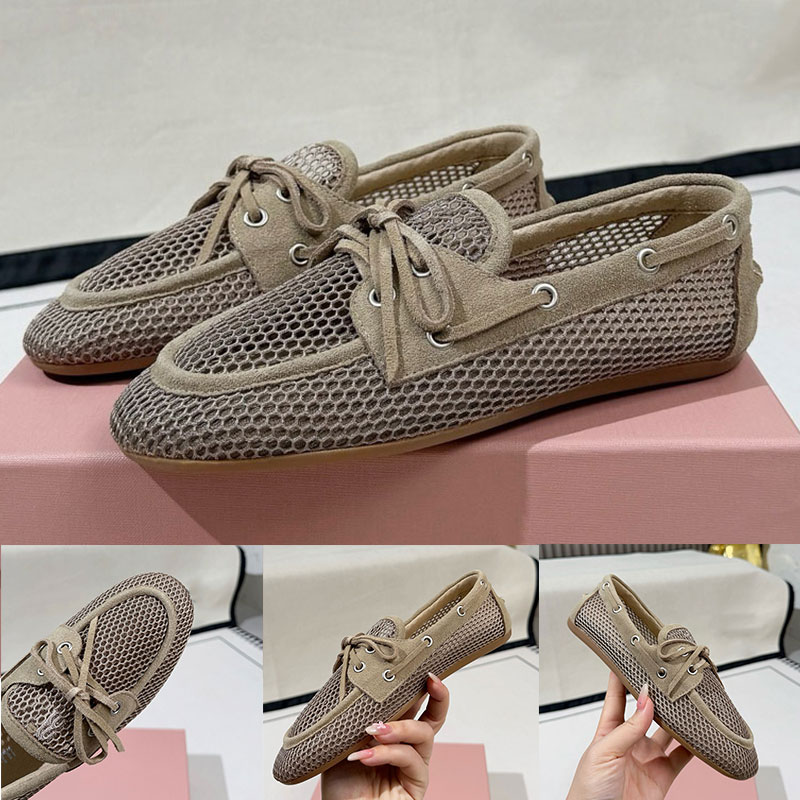 Luxury Mesh Suede Boat Shoes 5D585E Women Summer Vintage Bow Lace Up Loafers Designer Ladies Soft Flat Shoes Rubber Outsole Sizes 35 41