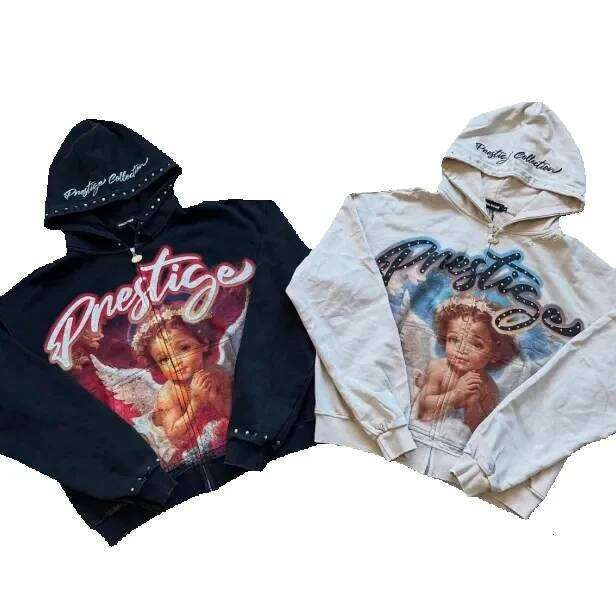Men's Hoodies Sweatshirts Hoodie Little Angel Pattern Print Zipper Sweater Spring Winter Street Vintage Fashion Trendy Set Hip-hop Daily Outfit M