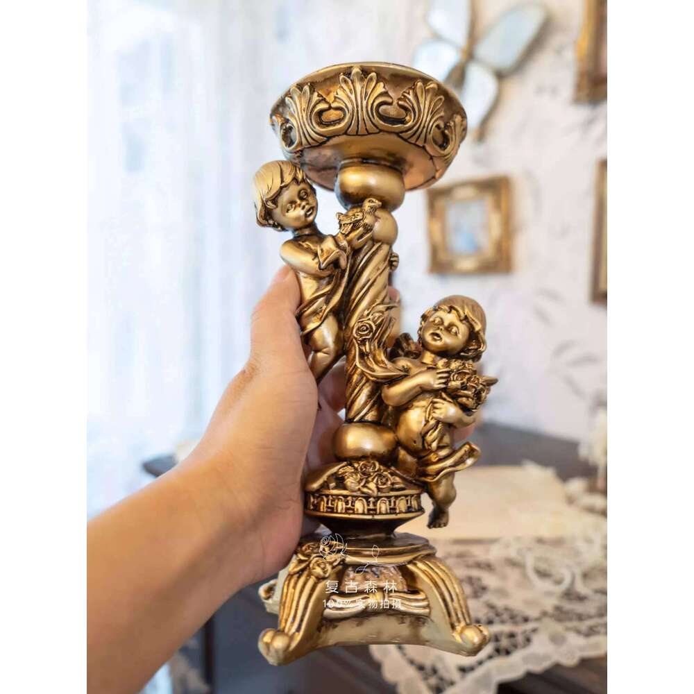 Vintage European style golden angel antique Roman pillar candle holder sculpture, architectural resin ornament, home decoration XJ260305