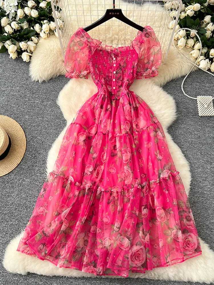 Summer Vintage French Mesh Dress for Women New Waist Cinched Slash Neck Bubble Sleeves Sweet Floral Chiffon Dress Female C146 X260306