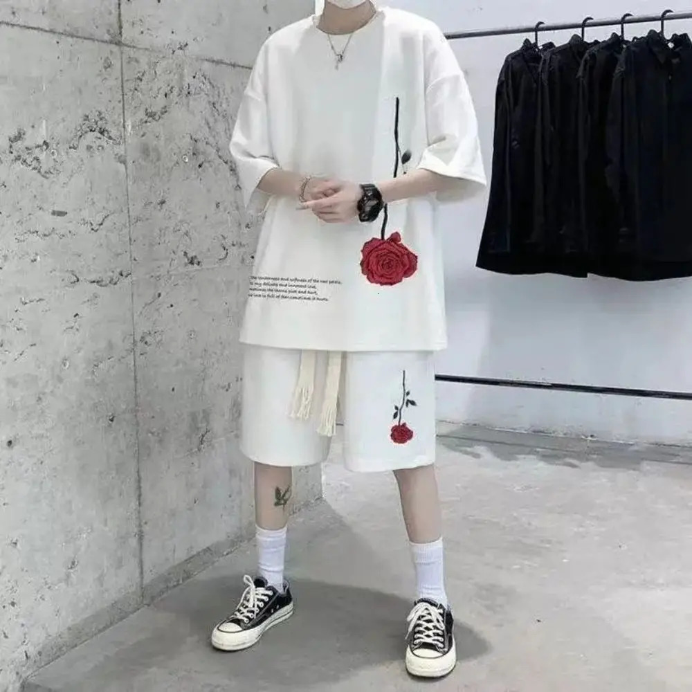 Y2k Korean Fashion Streetwear Hip Hop Rose Casual Short Suit Tshirt 2 Piece Set Summer Tracksuit Men Harajuku Oversize Tee 260227