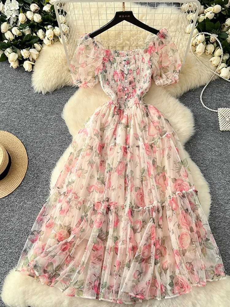 Summer Vintage French Mesh Dress for Women New Waist Cinched Slash Neck Bubble Sleeves Sweet Floral Chiffon Dress Female C146 X260306