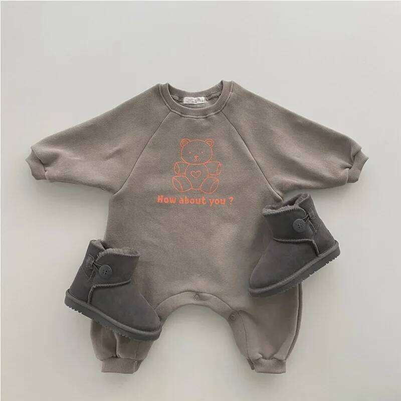 New Autumn Baby Boy Romper Yellow Light Coffee Long Sleeves Round Collar Cartoon Bear Jumpsuit Playsuit Newborn Clothes E3841 Z260306