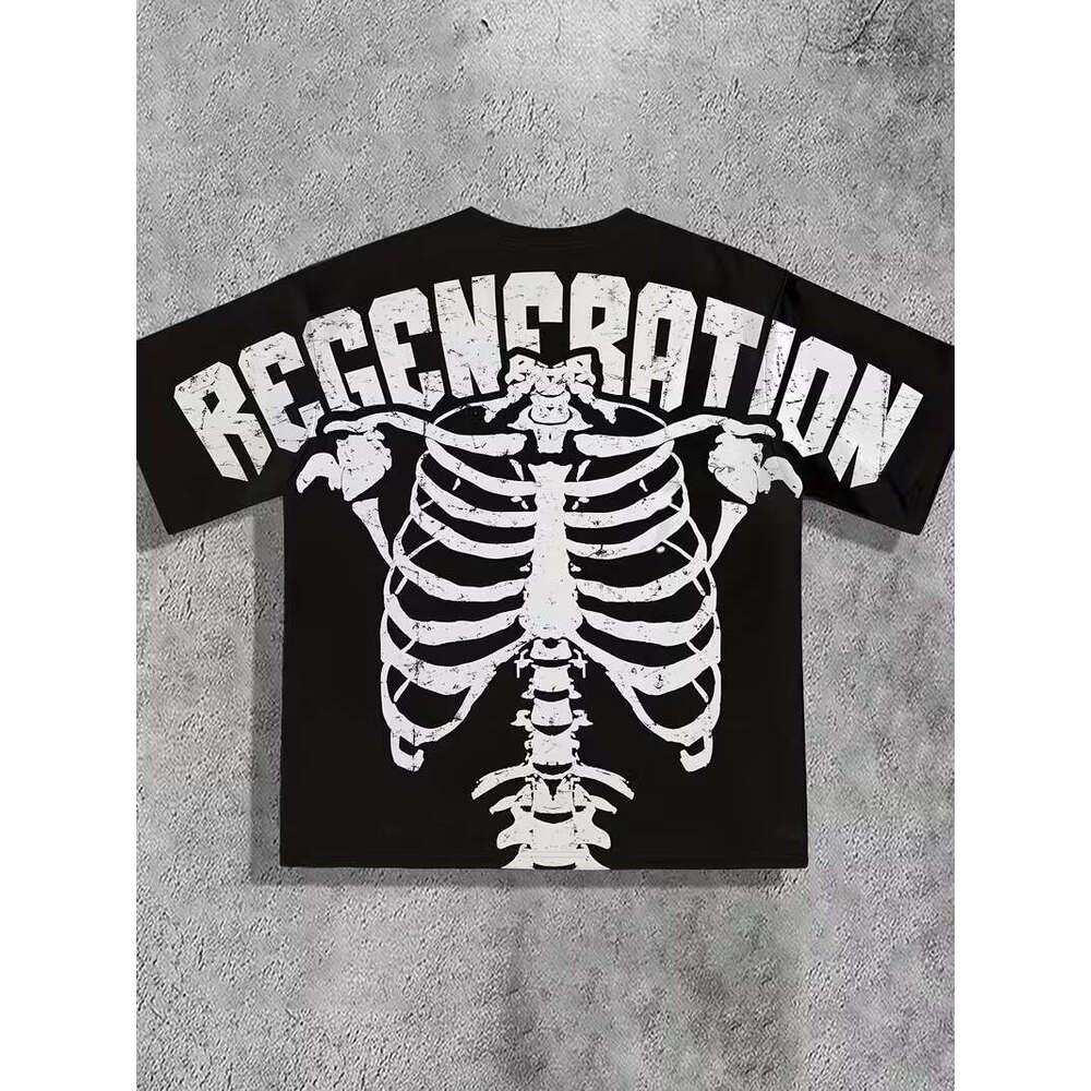 Cross-Border Temu Hot Sale Men's Summer Black Street Style Urban Art Loose Breathable Printed T-Shirt