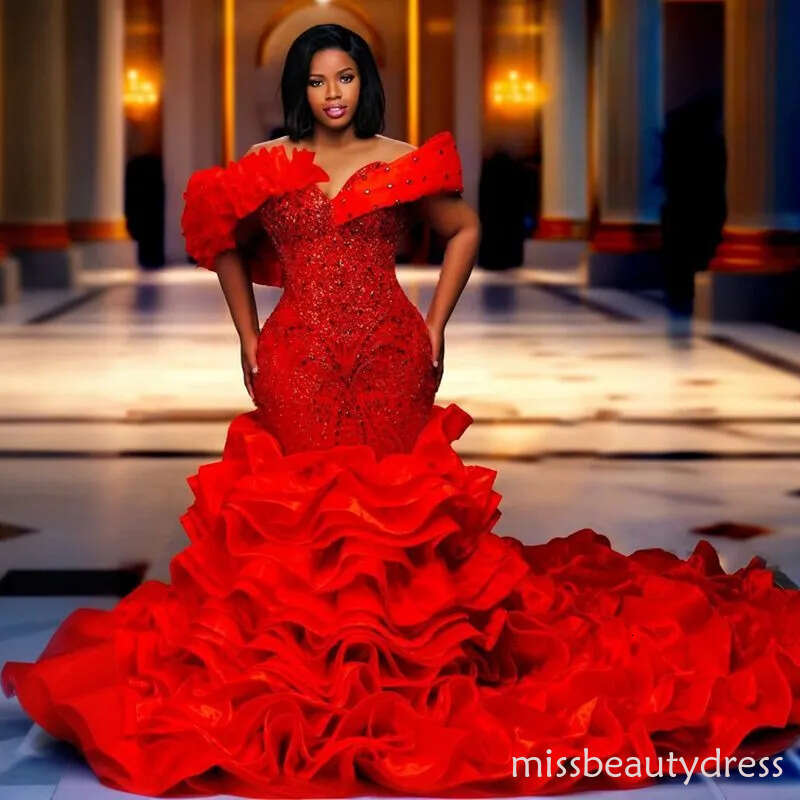 2026 Plus Size Aso Ebi Red Prom Dresses For Special Occasions Off Shoulder Mermaid Evening Dress Appliqued Beaded Lace Crystals Ruffles Birthday Recep