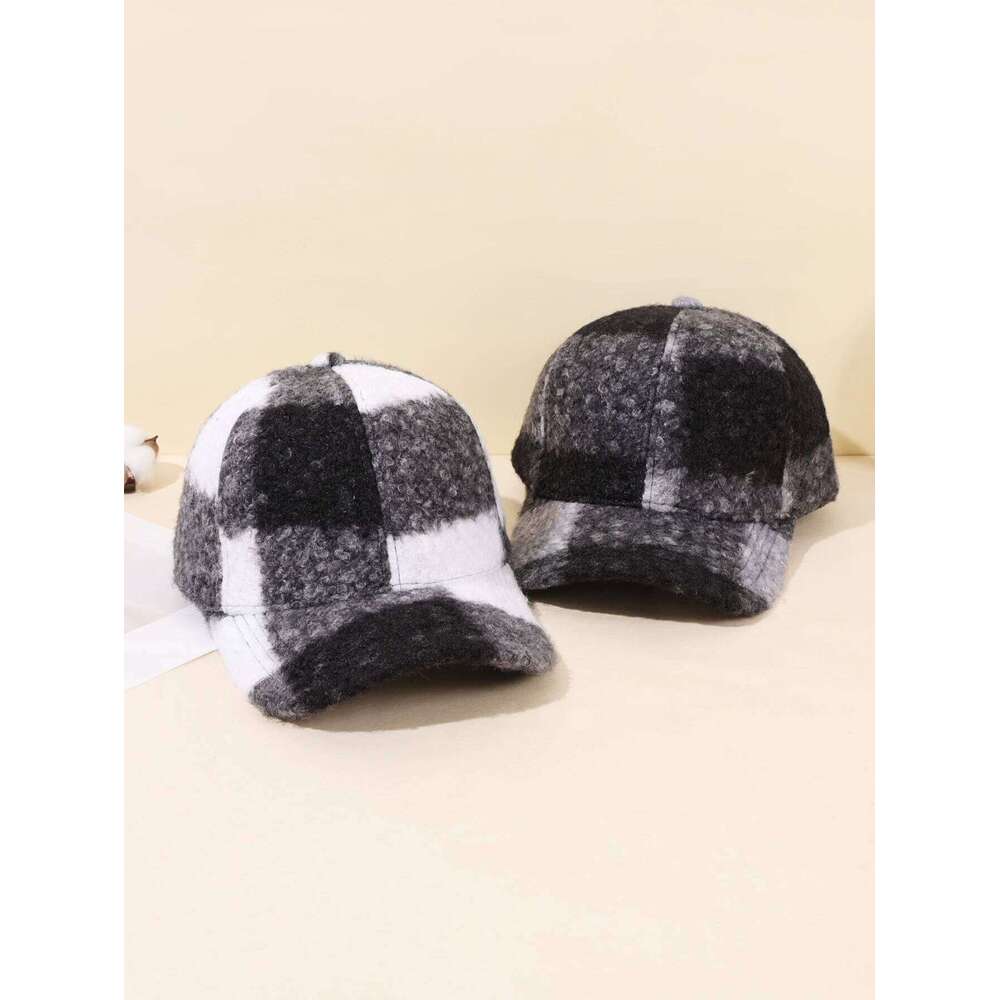1/2PC Retro Checkered Wool Baseball Hat | Super Soft and Warm Winter Headpiece, Fashionable Street Wear Y260304