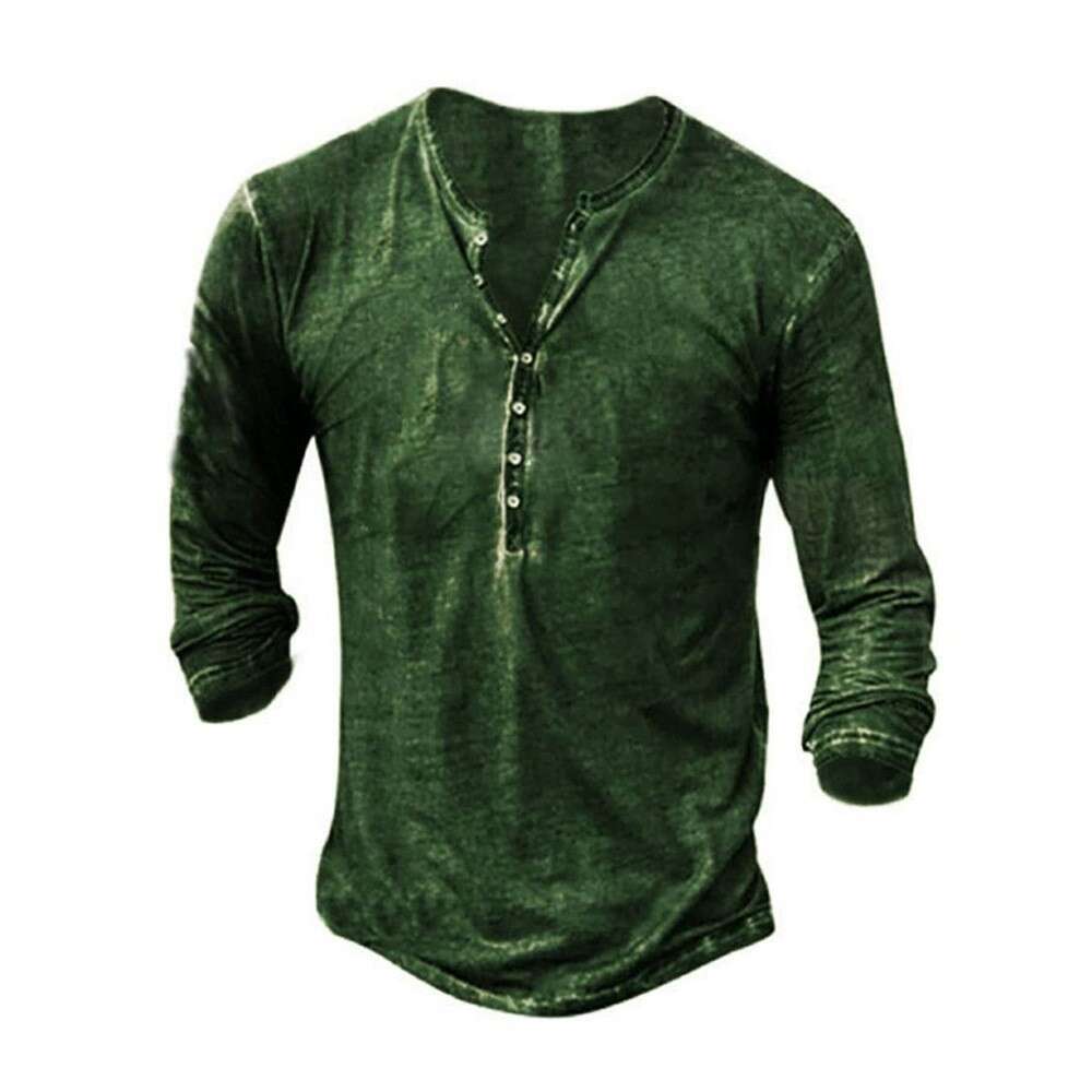 Cross-border European and American foreign trade retro button long-sleeve with 3D digital printing, men's solid color versatile T-shirt