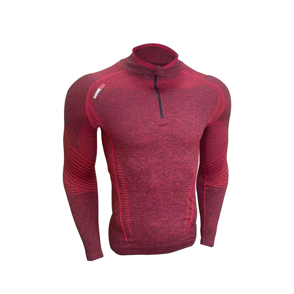 Elastic, quick-drying, seamless jacquard, figure-flattering fitness shirt, sports long-sleeve, breathable, slim-fit, casual half-zip training shirt fo