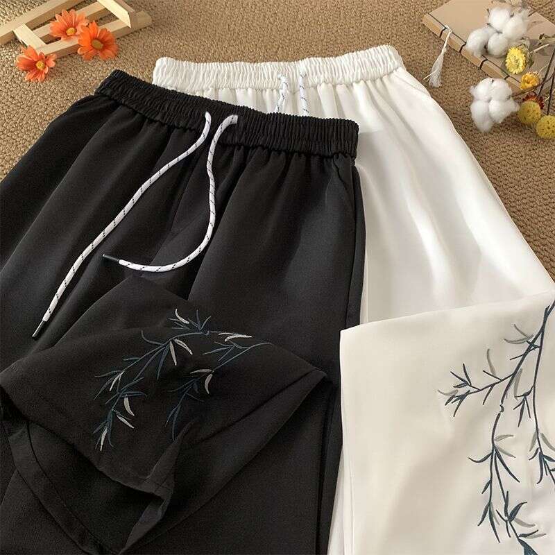 Women Spring Summer Thin New Chinese Style Bamboo Embroidered Suit Pants Loose Straight Wide Leg Casual Trousers Fashion Asia Size