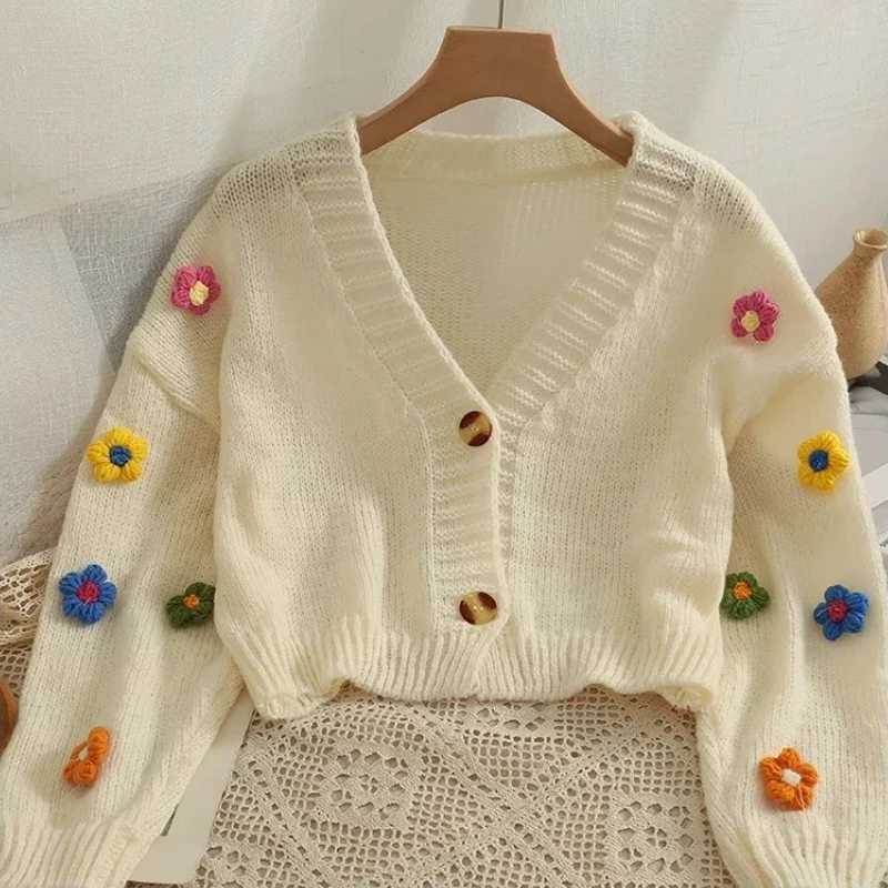 2026 New Spring Autumn Colourful Applique Flower Cardigan for Women Cute Long V-neck Knit Crop Sweater Girl Soft Knitwear M260306