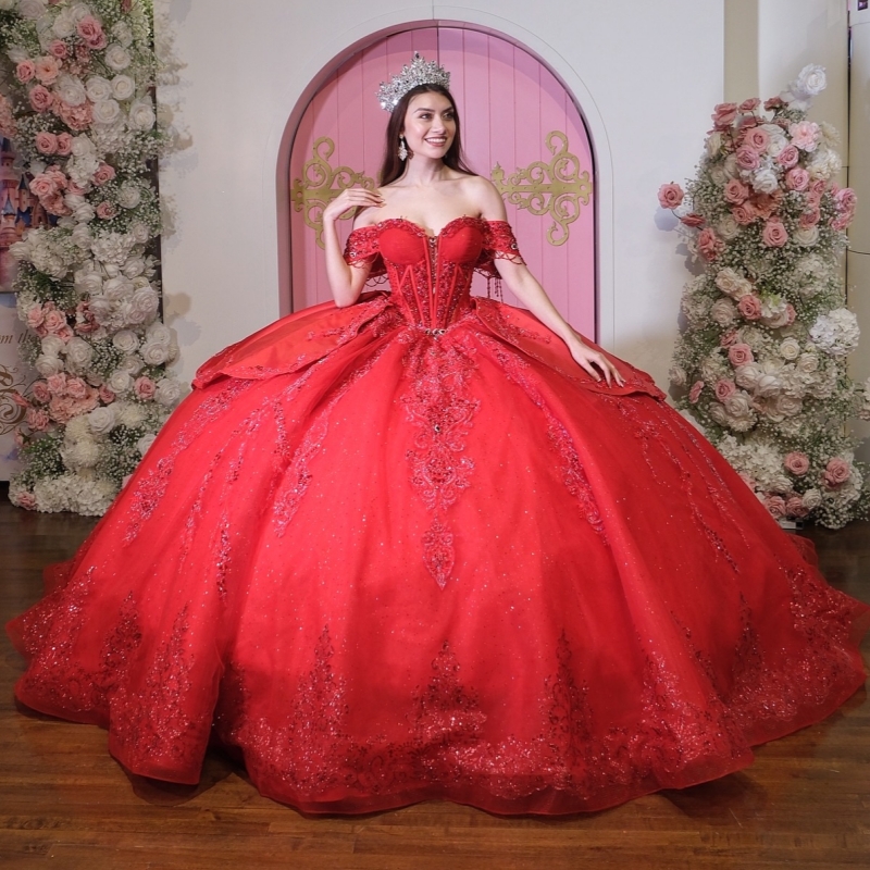 Red Shiny Quinceanera Dresses Ball Gown Off The Shoulder Applique Lace Beading Crystal Bow Corset Party Birthday Sweet 16 Dress Vestidos 15 De Anos