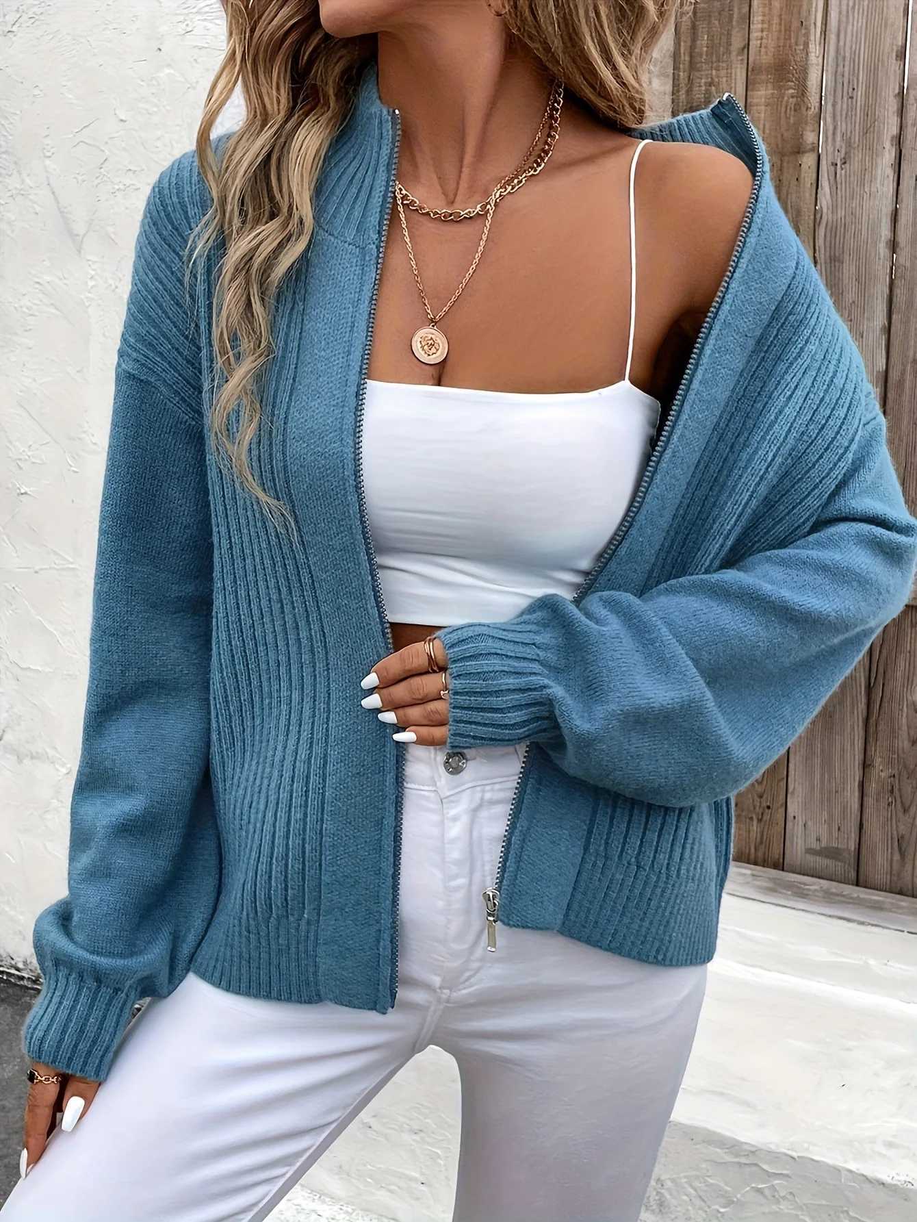 Womens casual versatile stand-up collar solid color cardigan sweater coat M260306