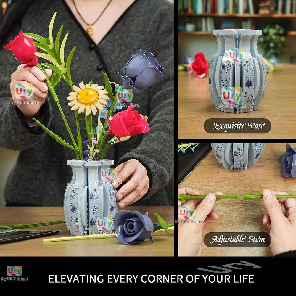 Flower Bouquet 3D Daisy Rose Lily of The Valley with Vase Set Building Block Model Home Decoration Valentine's Day Gift for Girl Z260305