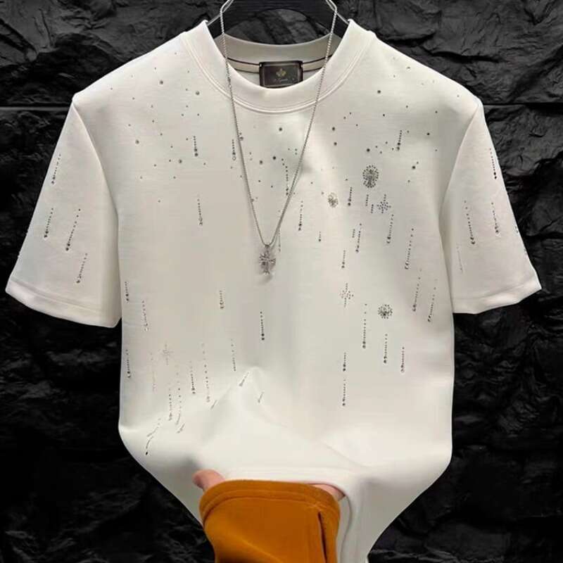 European and American Style Handsome Short Top Heavy Craft Light Luxury Clothing Meteor Hot Stamping T-Shirt Men's Round Neck Half Sleeve Tee