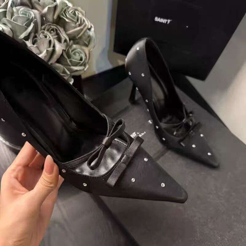 Women 2026 High End Dot French Style Bow Square Toed Black Rhinestone Single Women S Shoes New High Heels