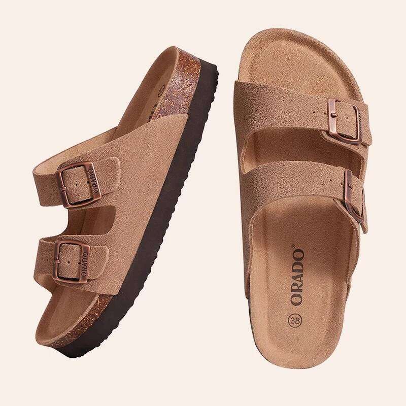Litfun Men Classic Cork Sandals New Unisex Suede Flat Slippers With Arch Support Summer Beach Slides Adjustable Buckle Home Shoe