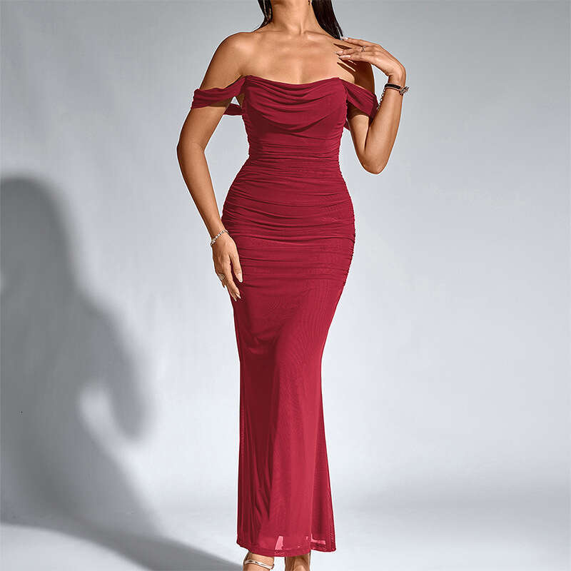 Cross-border foreign trade fishbone mesh pleated dress, European and American sexy backless off-shoulder tight-fitting bodycon long dress