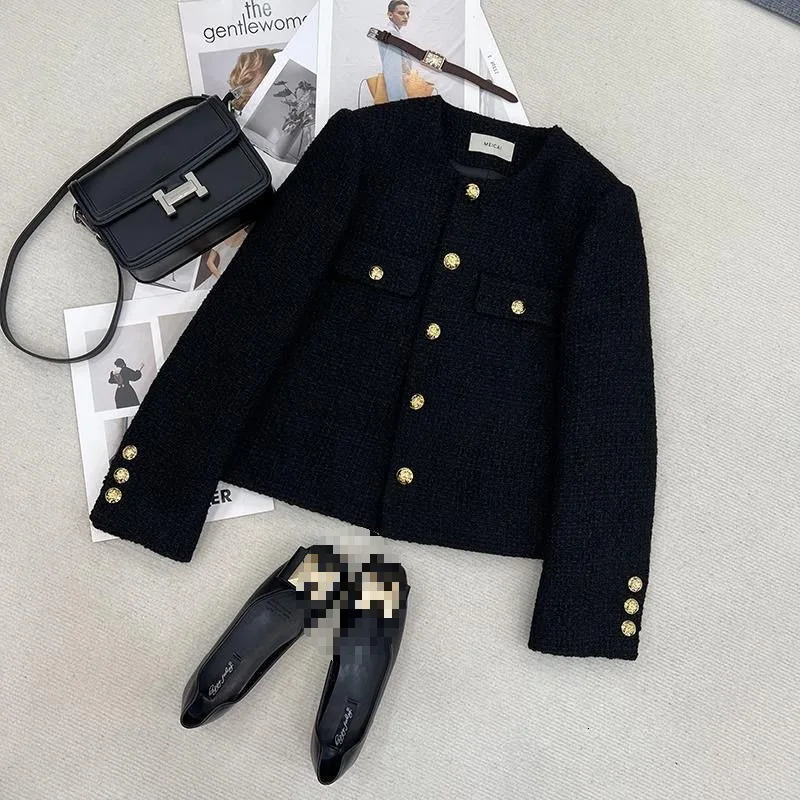 French Wool Tweed Coat Fashion High-end Gold Button Short Slim Temperament Spring and Autumn Korean Coats Women Jacket 260306