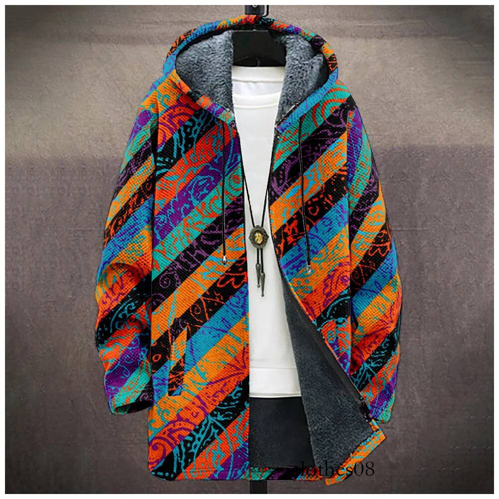 Youthful Colorful ethnic 3D Print Winter Sleeve Hoodies Zipper Jacket Men Fleece Long style Outerwear Warm Coats