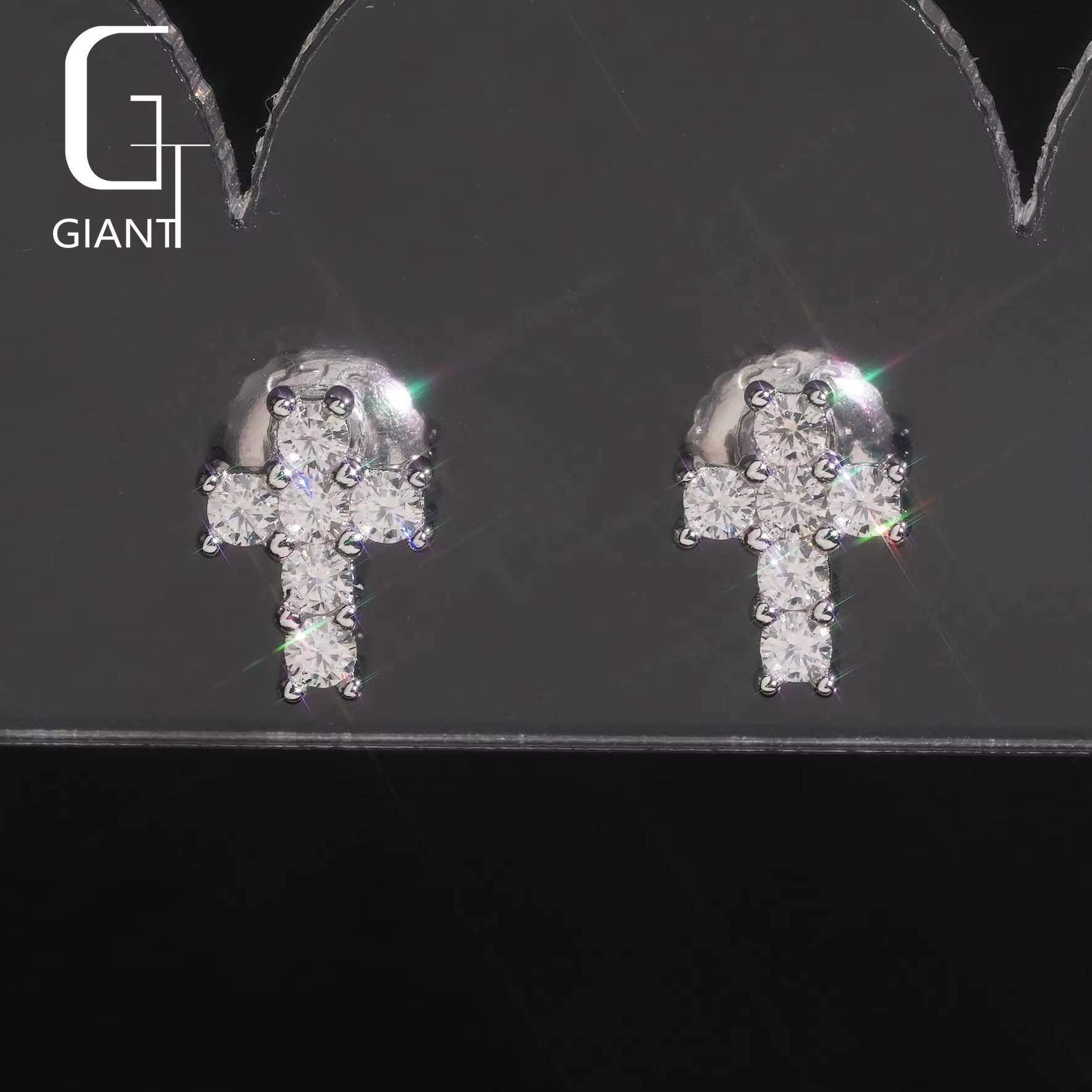 USA Warehouse Hip Hop 925 Silver Iced Out Diamond Screw Back Earrings VVS Moissanite Jewelry Cross Stud Earrings