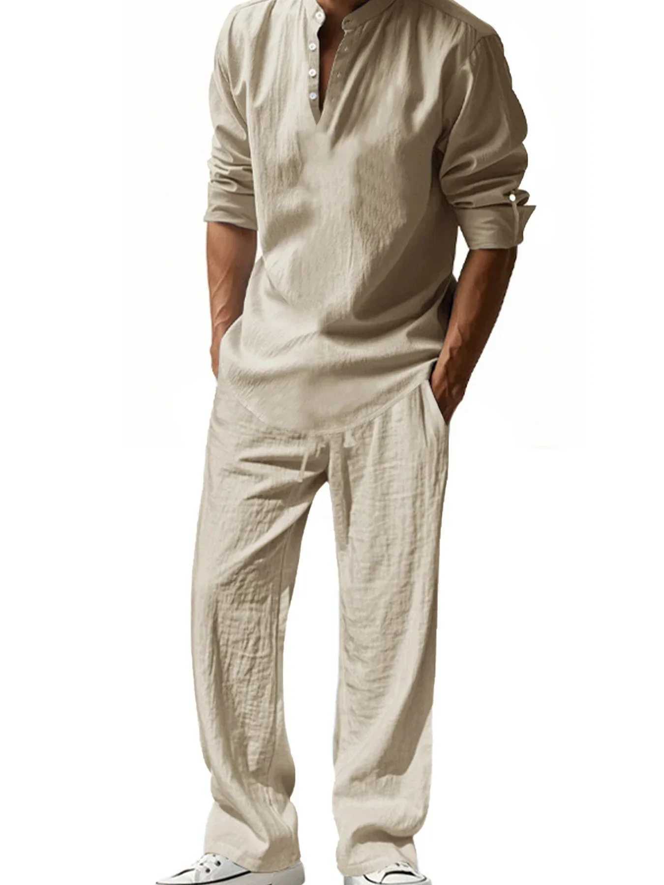 Mens Henley Cotton Linen Shirts Long SLeeve Lightweight T-Shirts Breathable Streetwear Solid Color Business Button T-Shirts M260305