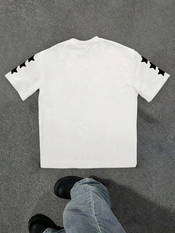 European and American Hiphop style T-shirt with star and letter patterns trendy American top unique and niche design sense