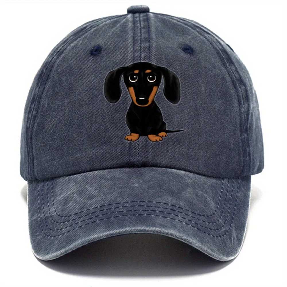 Retro washed baseball cap with dachshund print casual style worn-out adjustable dad hat S260306