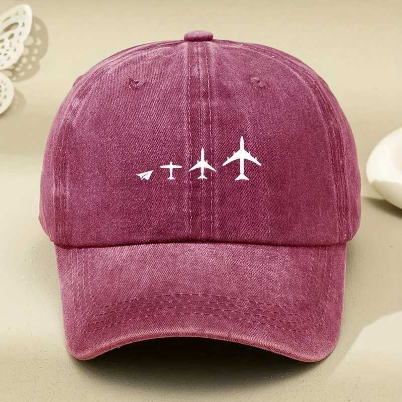 Retro airplane print washed baseball cap adjustable for both men and women breathable black casual outdoor activity sun hat S260306