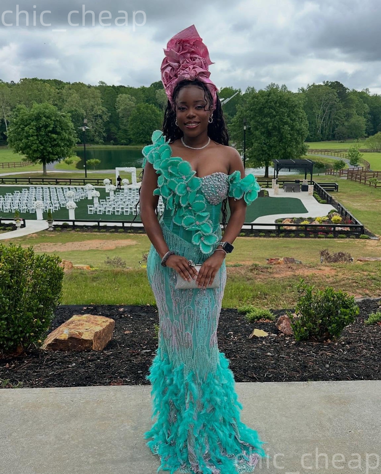 Aso Ebi Turquoise Prom Dress 2026 Mermaid Prom Dress Florals Feather Sequined Evening Dresses For Black Women Birthday Party Formal Receiption Gowns D