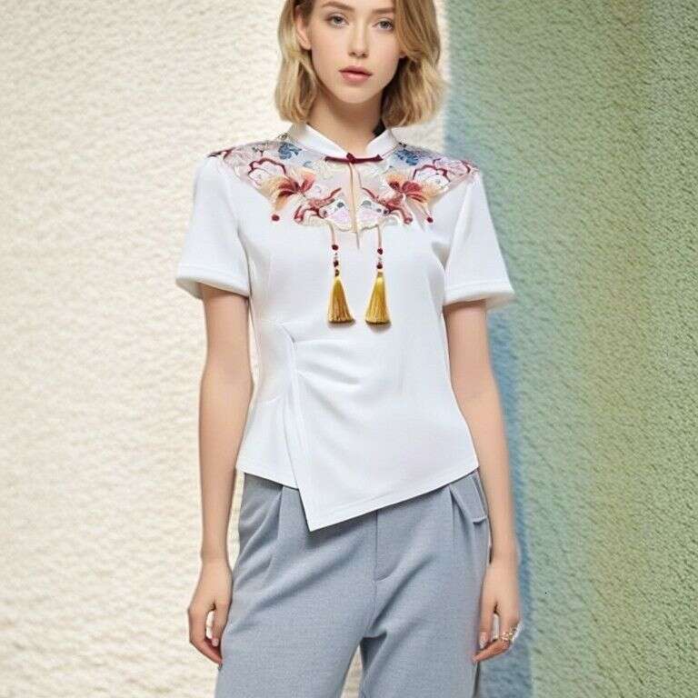 2025 Summer New Chinese Style Embroidered Short-Sleeve T-Shirt With Stand Collar, High-End Design Women's Top Asia Size