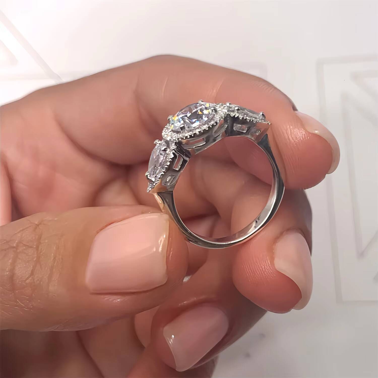 Abiding GRA Certified 15 Moissanite Three Stone Ring Round Brilliant Cut 75MM Halo Pav Prong Round Pear Ring in Gold