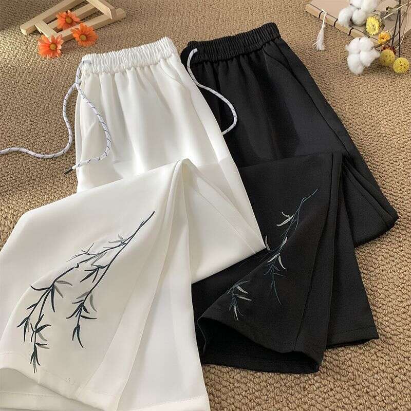 Women Spring Summer Thin New Chinese Style Bamboo Embroidered Suit Pants Loose Straight Wide Leg Casual Trousers Fashion Asia Size