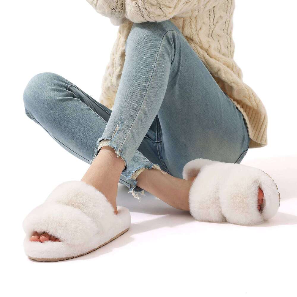 Litfun Fluffy Winter 2024 Platform Plush Open Toe Slippers Indoor Fur Flat Slides Women Fuzzy House Shoes