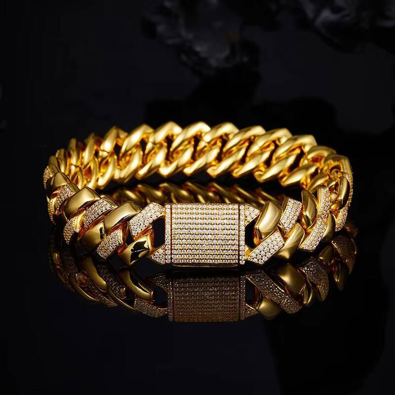 S925 Silver Gold/Silver Plated Inlaid Moissanite 14mm Wide Hip-Hop Cuban Bracelet for Men Third Party Bracelets Bangles