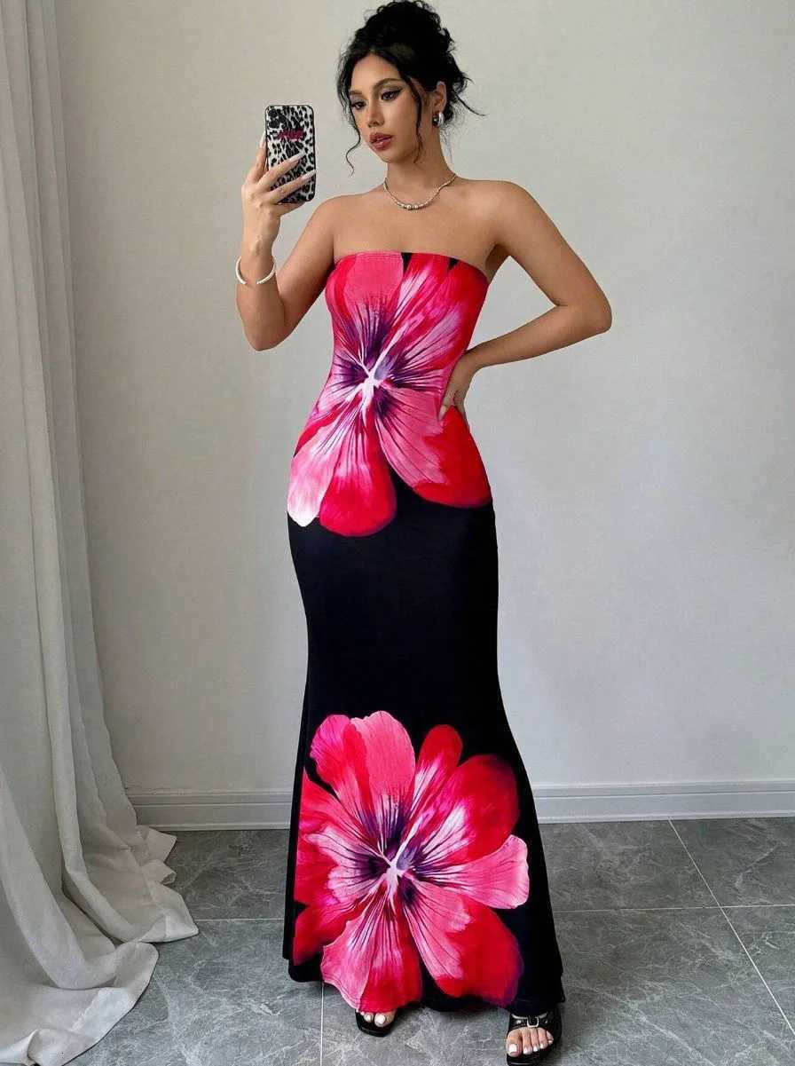 Fashion Milk Silk Fabric Floral Print Sexy Long Dresses Elegant Backless Bodycon High Waist Midi Dress 2025 Summer Vacation Boho X260306