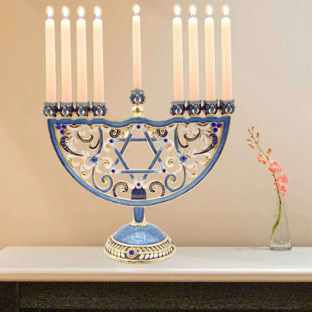 European Style Retro Enameled Menorah Hand Painted with Jeweled Accents Bejeweled Jewish Candlesticks Christmas Crafts Gi XJ260305