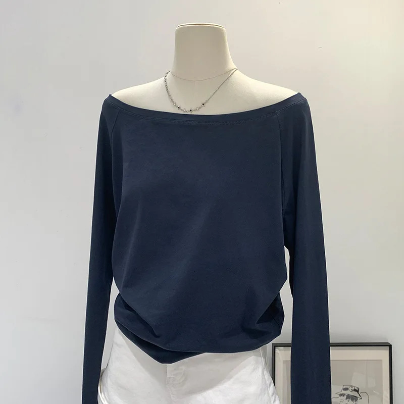 Autumn Winter One Shoulder Cotton Long Sleeve Slant Shoulder Womens Clothing Style Interior Wide Truffle Shoulder Base Shirt 260306