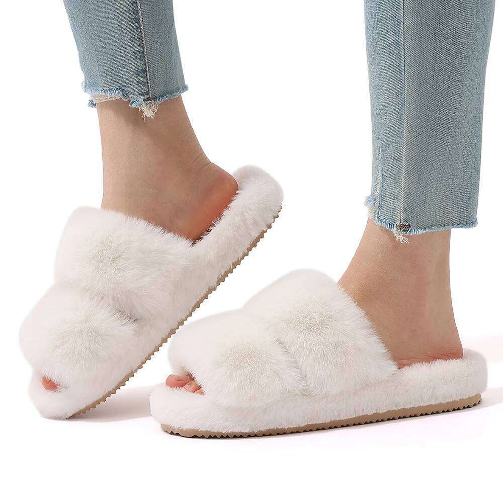Litfun Fluffy Winter 2024 Platform Plush Open Toe Slippers Indoor Fur Flat Slides Women Fuzzy House Shoes