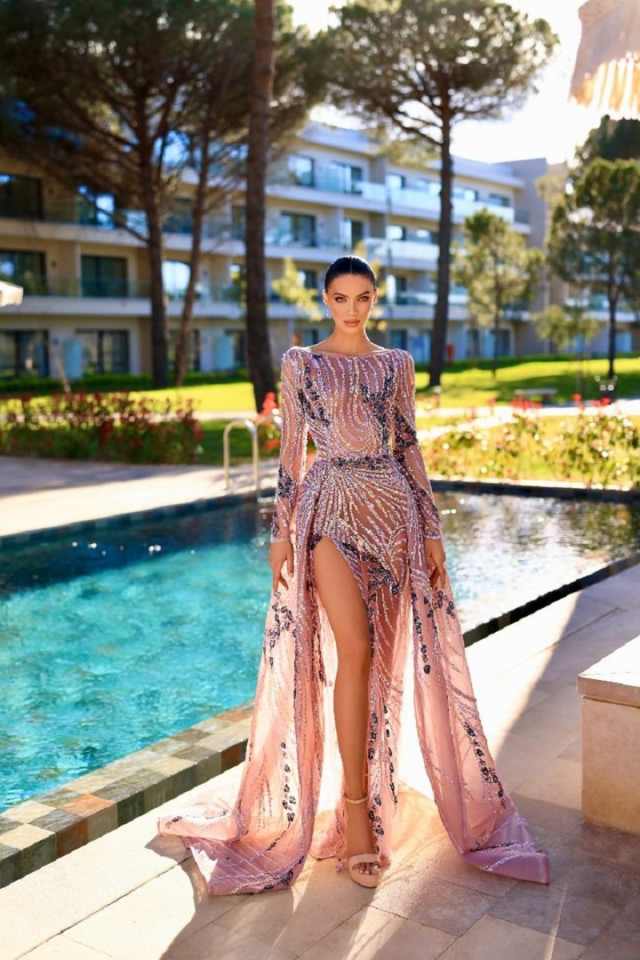 Glitter Sequins Long Sleeve Evening Dresses Customized Sexy Sequined Side Slit Prom Dress Floor Length Party Gown