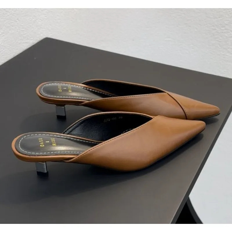 Pointed Slippers Women High Heels Summer Shoes Fashion Square Heel Slides Slip Loafers Mules Black Female Party Shoes 260303