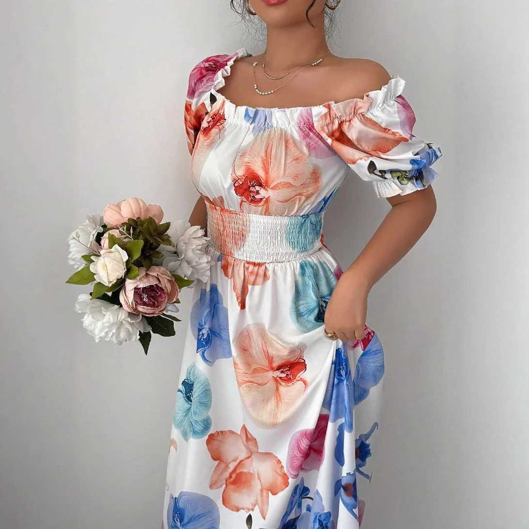 Summer Womens Dress High Waist Pastoral Fashion One-line Collar Puff Sleeves Flower Print Holiday Beach Date Female Long Dress X260306