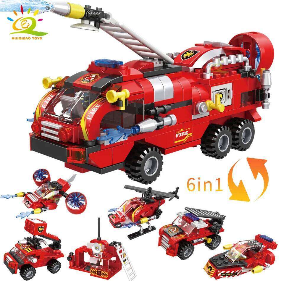 HUIQIBAO 387pcs 6in1 Fire Fighting Trucks Building Blocks City Rescue Helicopter Bricks 6 Fireman Toys For Children Kids Gift Z260306