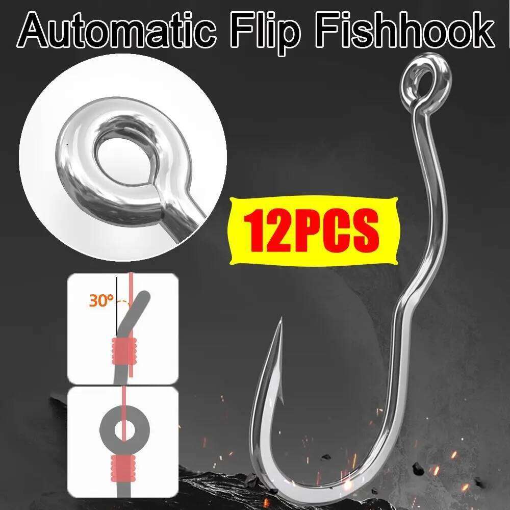 12Pcs/Pack Creative High Carbon Steel Automatic Flip Fishhook Sharp Barbed With Eye Hook Anti Slip Fishing Tackle Y260305